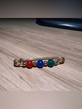 Gold Safety Pin Brooch with Red, Blue & Green Beads